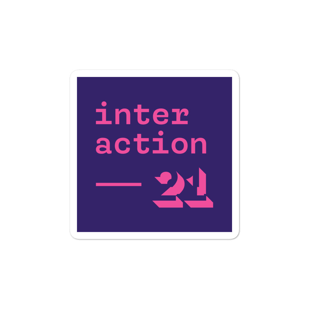 Square purple sticker with magenta Interaction 21 logo.