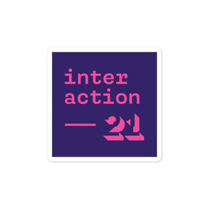 Square purple sticker with magenta Interaction 21 logo.