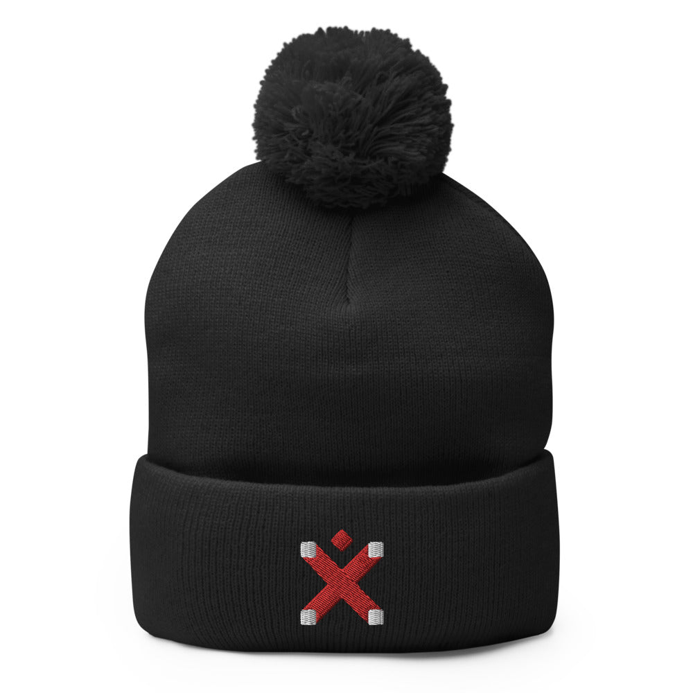 Black pompom beanie with red and grey embroidered IxDA logo.