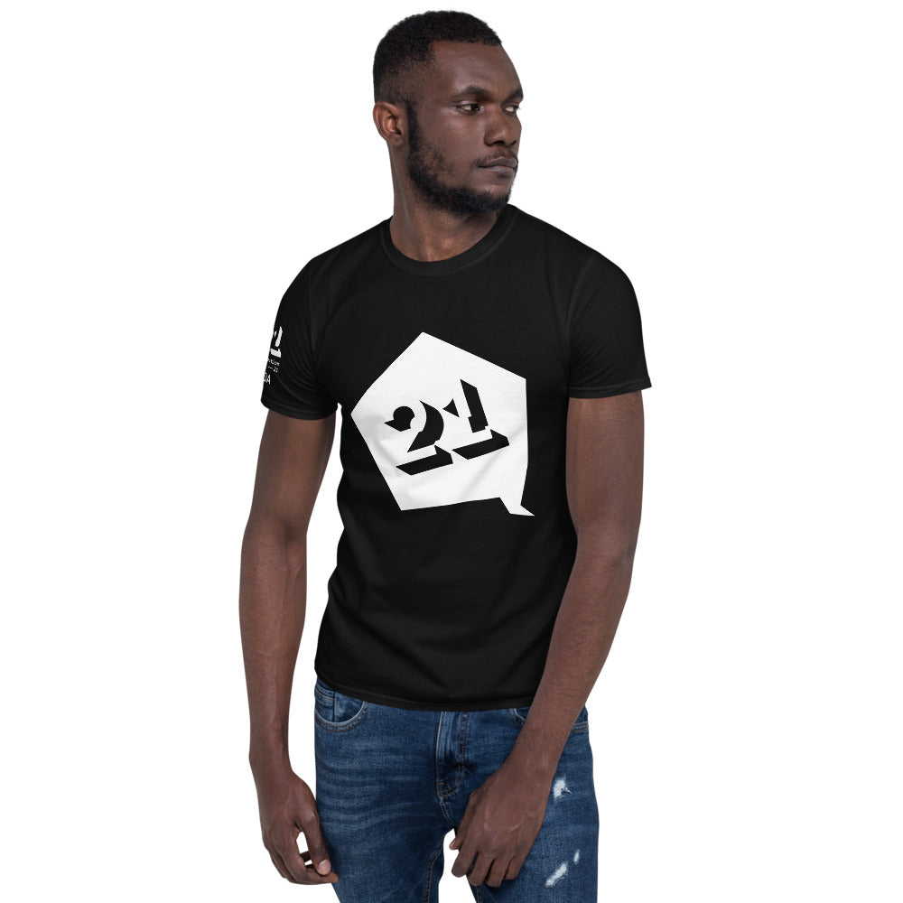 Man in black T-shirt with white Interaction 21 logo across the chest