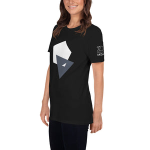 Woman wearing black T-shirt with white and grey graphic on the front and Interaction 20/IxDA logo on the left sleeve.  