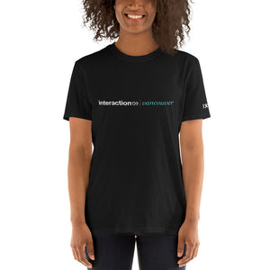 Black T-shirt with white and teal Interaction 09 logo on front and white IxDA logo on right sleeve