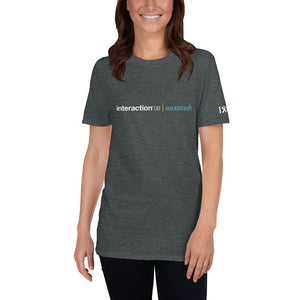 Dark grey T-shirt with white and teal Interaction 08 logo on front and white IxDA logo on right sleeve