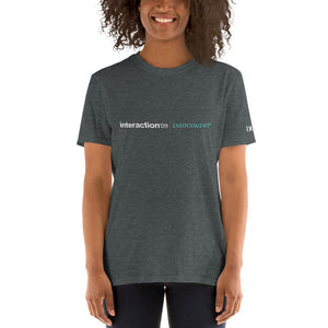 Dark grey T-shirt with white and teal Interaction 09 logo on front and white IxDA logo on right sleeve