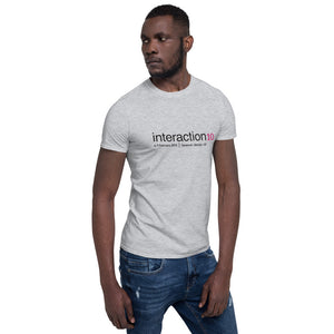 Man in sport grey T-shirt with black and magenta Interaction 10 logo across the chest