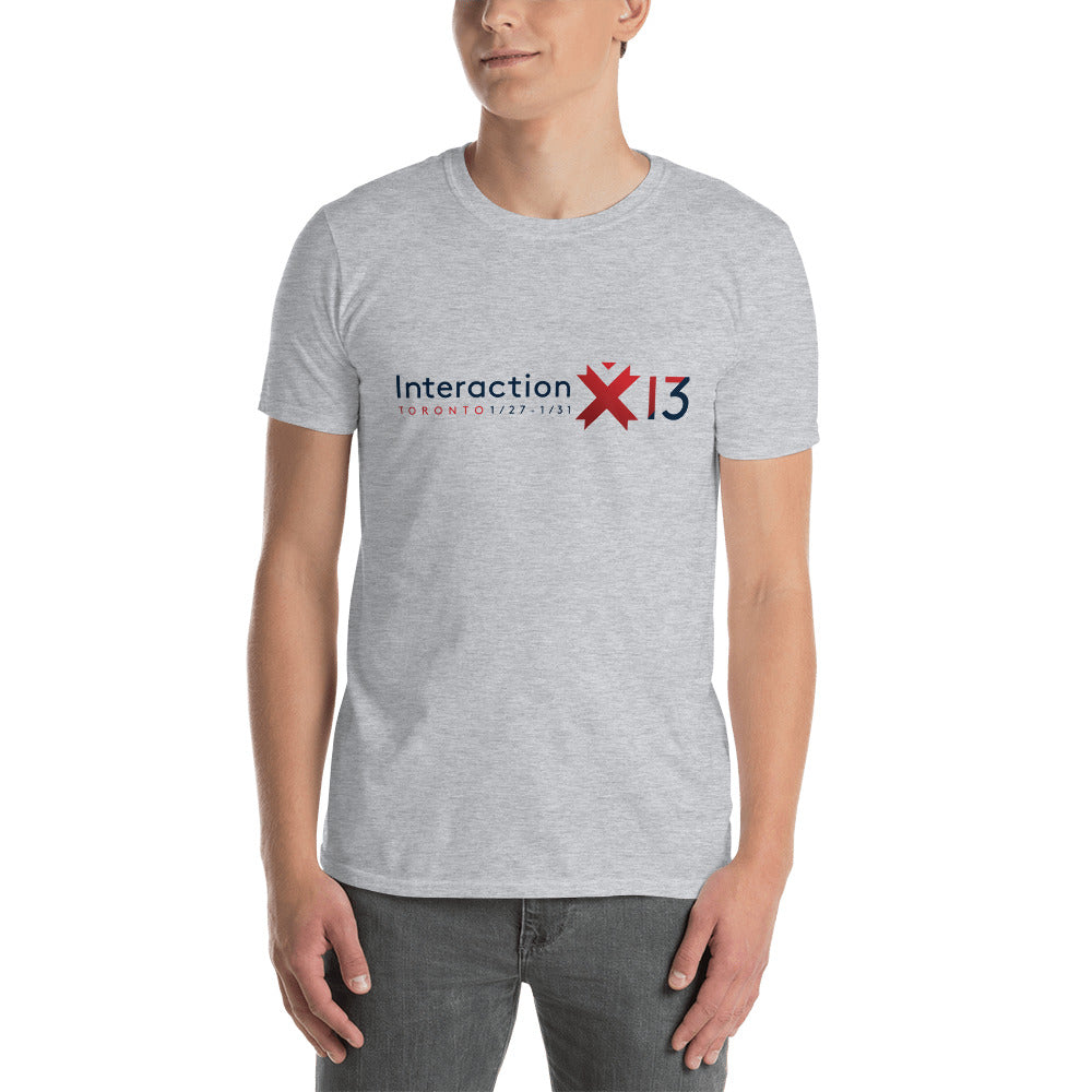 Man in sport grey T-shirt with red and blue Interaction 13 logo across the chest