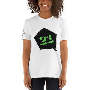 Woman wearing white T-shirt with black and green Interaction 21 graphic across the front