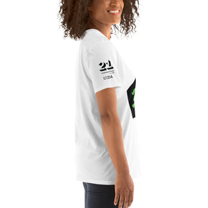 Woman from the side wearing white T-shirt with black and green Interaction 21 graphic across the front and Interaction 21 and IxDA logos on the right sleeve