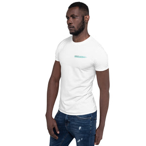 Man in white T-shirt with grey and teal Interaction 11 logo on left breast