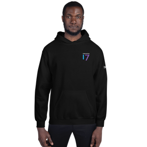 Man in black hoodie with blue, purple and white Interaction 17 logo on left front
