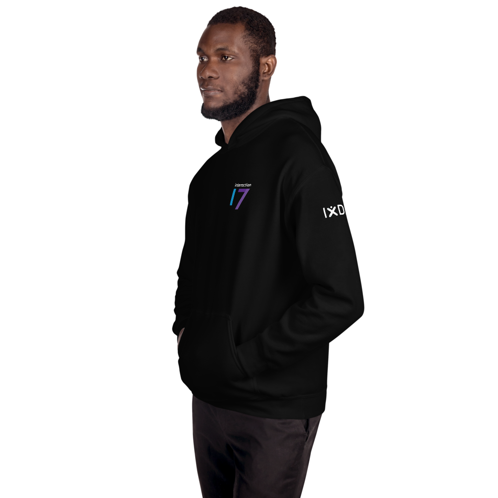 Man in black hoodie with blue, purple and white Interaction 17 logo on left front
