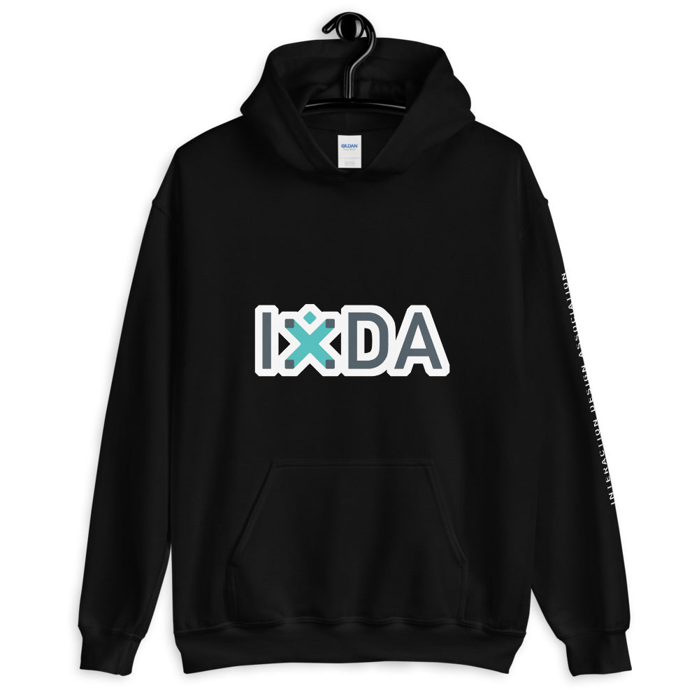 Black hoodie with grey and teal IxDA letters outlined in white