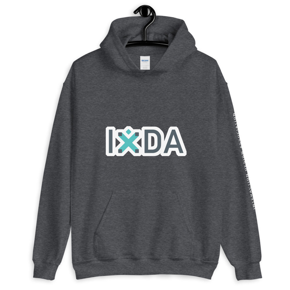 Dark Heather hoodie with grey and teal IxDA letters outlined in white