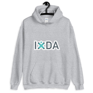 Sport grey hoodie with grey and teal IxDA letters outlined in white